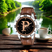 MAVIA WATCHESAnalog Round sliver Dial ALPHABET P Design Stylish brown Strap Classic Design Fancy Watch for Men and Boys, Pack of 1 ALPHABET P-AVO-SIL-DBRW-1