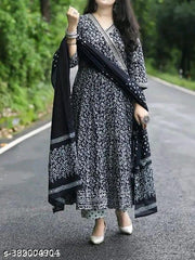 Black Premium Printed Designer Anarkali Embroidery Women Rayon Kurta With Pant And Cotton Dupatta
