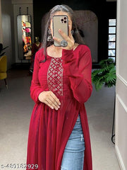 Naira Cut Solid Georgette Kurta Embroidered Calf Length Round Neck Naira Cut Kurti Black