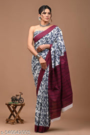 Rovim Women's Jaipuri Hand Block Indigo Printed Cotton Mulmul Saree with blouse