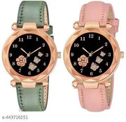 New Stylish Analog New Flower Print Dial Lathers Strap Girls and Womans Watches(pink&black)