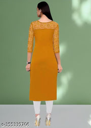 Casual American Crepe And Net Round-Neck 3/4 Length Sleeves Yellow Kurti (42"Inches)