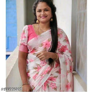 Linen Cotton Digital Printed White Color Saree