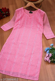 Women's Latest Georgette Chikankari Kurti With Sequince And Embroidered Work Kurta / Straight Plus Size Kurti /Pink Kurti For Women and Girls / Daily Wear Kurti / Office Wear Kurti
