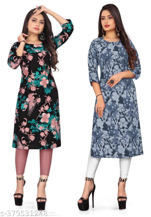 Women Crepe Fabric Printed Straight Kurti, Size -S, M, L, XL, XXL, 2XL, XXXL, 3XL, 4XL, 5XL ( New Arrival New Design Fashionable Kurti Combo of 2)