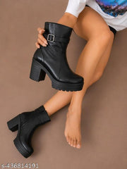 KLIEV PARIS | Women's Black Leatherette High Block Heel Platform Boots | Side Zip Ankle Length Boots with Buckle Strap Accent & Lug Sole for Girls