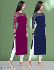 Polyster/Crepe fabric-Pack of 1 Casual And Round-Neck 3/4 Length Sleeves Wine & Navy Blue Kurti (42"Inches)