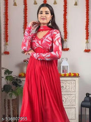 NIVA TEX Trending Embrodired Printed Georgette Gown With Dupatta Set RED