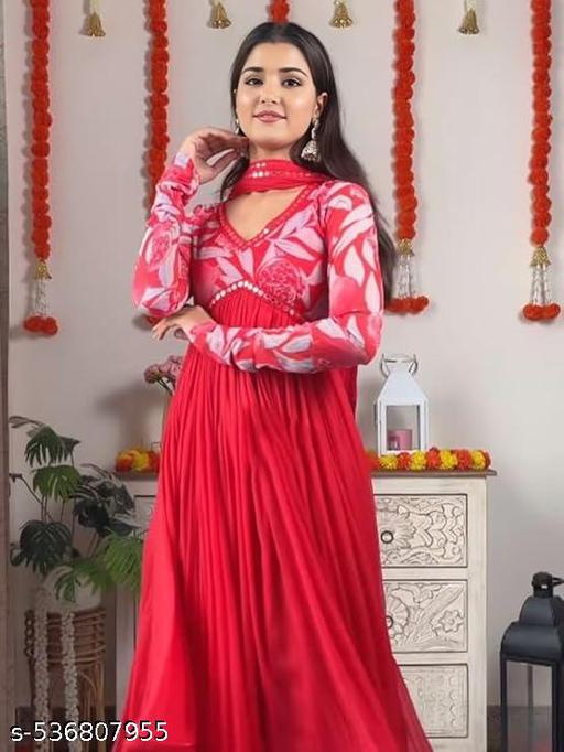 NIVA TEX Trending Embrodired Printed Georgette Gown With Dupatta Set RED