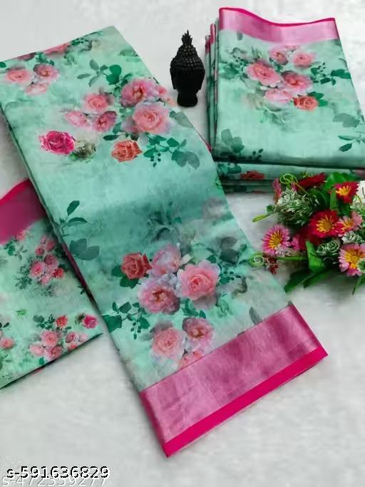 New Letest Look digitel printed cotton linen Saree For Women For Wedding Evergreen
