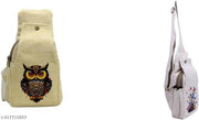 Beige Canvas Sling Bag with Colorful Owl Print | Adjustable Crossbody Shoulder Bag for Women & Girls | Eco-Friendly Casual Travel Bag with Zipper Pockets, Lightweight Everyday Organizer