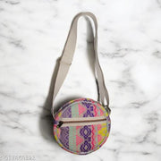 Multicolor Printed Round Sling Bag for Women & Girls | Cream Canvas Crossbody Shoulder Bag with Green Leaf Print | Stylish Travel College Casual Everyday Handbag