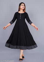 Unique Stylist Women's Solid Printed Round Pleated Flared Kurti (Black)