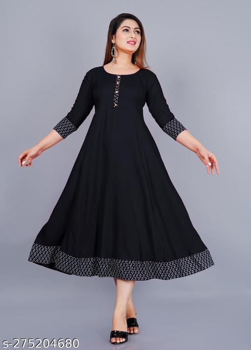 Unique Stylist Women's Solid Printed Round Pleated Flared Kurti (Black)