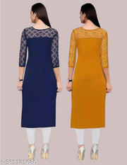 Pack of 1 Casual American Crepe And Net Round-Neck 3/4 Length Sleeves Navy Blue & Yellow Kurti (42"Inches)