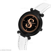 Krolexe Analog Round Black Dial ALPHABET S Design Stylish White Leather Strap Classic Design Fancy Wrist Watch for Women and Girls, Pack of 1 - ALP-S-GEN-BK-WHT-L