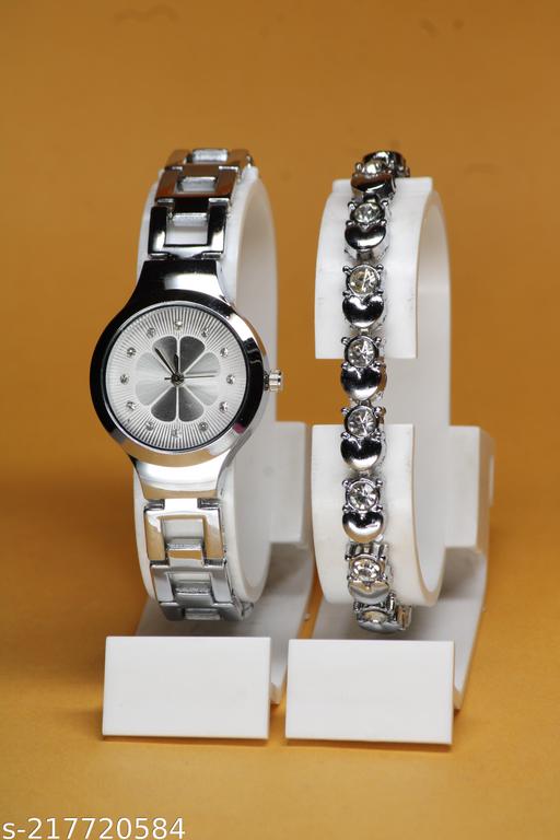Best Quality Flower Designer Metal Belt Analog Watches combo with Cosmic Diamond Bracelet for Women