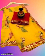 Women's Indian Bandhani Georgette zari Print yellow Saree || Ethnic || Wedding || Festive Collection Printed Saree for Women With Unstitched Seprate Blouse Piece