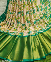 Brasso Moss Chiffon Kalamkari Floral Printed Saree With Contrass Blouse