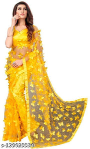 Women's Net Saree With Blouse Piece (Titli Saree Yellow)