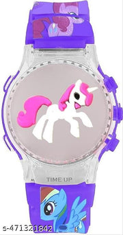 Digital Dial Glowing Light Cartoon Rotating Cap Cartoon Printed Strap Colorful Kids Watch for Girls & Boys