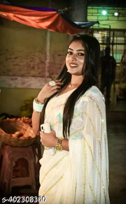 Georgette Embroidered Elegant White Color Sreee With Blouse || Saree For Women || Trending Saree For Women || Bollywood Stylish Fancy Party Wear Wedding Festive Bridal Sari
