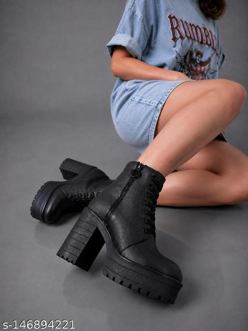 FRANINO PARIS | Women's Black Textured Faux Leather Lace-Up Ankle Boots | High Block Heel Platform Booties with Side Zipper for Girls