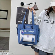 Korean Style Cute New Happy Day Tote Bag Large Capacity Bag Multi-functional Bag One Shoulder Crossbody Tution Bag, Study Bag (PACK OF 1)(BLUE)