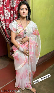 Bollywood White colour Floral Organza Saree With Fully Stiched Styles Blouse Upto 42 Size by KRADDLE