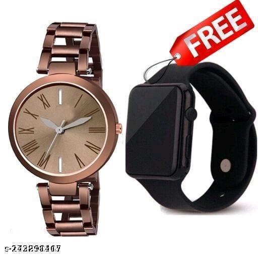 BROWN  METAL BELT ANALOG WATCH AND SMART SQUARE DIGITAL LED WATCH COMBO FOR BOYS AND MEN