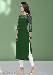 Casual American Crepe And Net Round-Neck 3/4 Length Sleeves Dark Green Kurti (45"Inches)