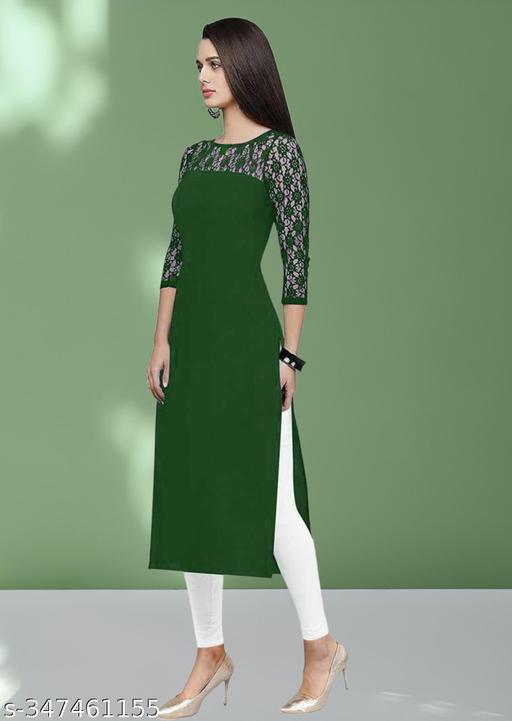 Casual American Crepe And Net Round-Neck 3/4 Length Sleeves Dark Green Kurti (45"Inches)