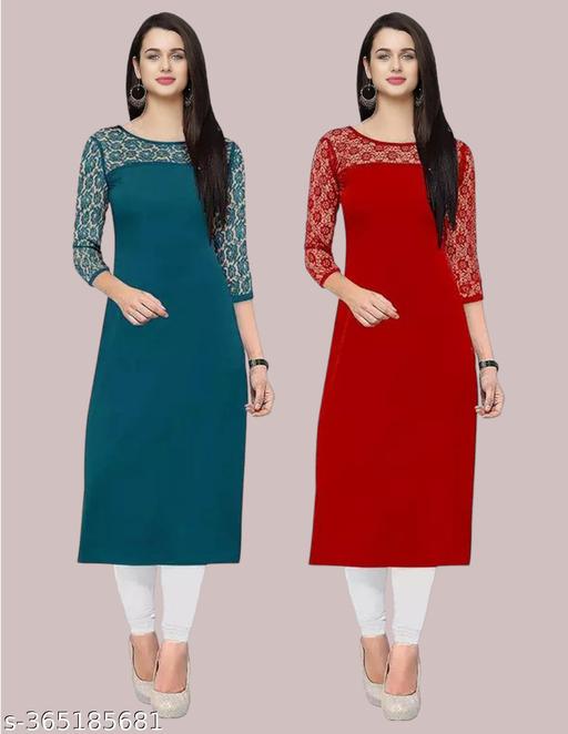 Pack of 1 Casual American Crepe And Net Round-Neck 3/4 Length Sleeves Rama & Red Kurti (42"Inches)