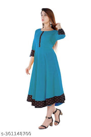 HF HOLYDAY FASHION Cotton Plain and Solid Printed Black Border Anarkali Style Kurti Kurta For Women Latest Design Ladies Dresses Top Round Neck Flared Stylish Party Wear Readymade Frock Fancy Girls Dress 3/4 Sleeve Knee Length Casual Kurtis