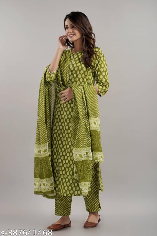 Stylish Green Cotton Printed Kurta Set with Dupatta for Women