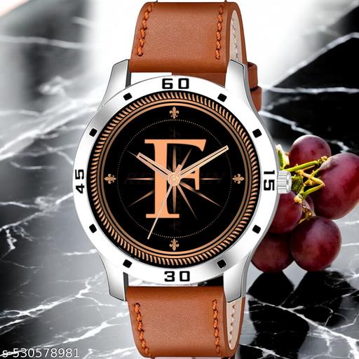 Femeo  Analog 9109 Watches Round Black Dial F Design Stylish Beige Leather Strap Classic Design Fancy Wrist Watch for Men and Boys, Pack of 1 - A07ZALPHA-F-AVO-SIL-TAN-PL