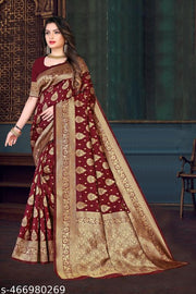 Trendy Soft silk fabric banarasi style self-designed with zari woven border & unstitched blouse