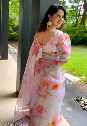 Bollywood White colour Floral Organza Saree With Fully Stiched Styles Blouse Upto 42 Size
