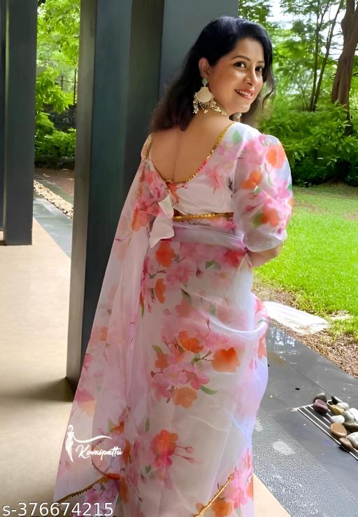 Bollywood White colour Floral Organza Saree With Fully Stiched Styles Blouse Upto 42 Size