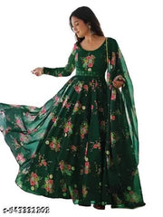 Ledies Stylish Fancy Trendy Printed Poly Georgette Maxi Flared Gown For Women For Party Wedding Festival Functions very comfortable