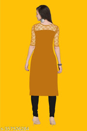 Casual American Crepe And Net Round-Neck 3/4 Length Sleeves Yellow Kurti (42"Inches)