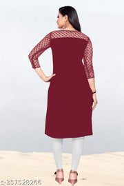 Casual American Crepe And Net Round-Neck 3/4 Length Sleeves Maroon Kurti (42"Inches)