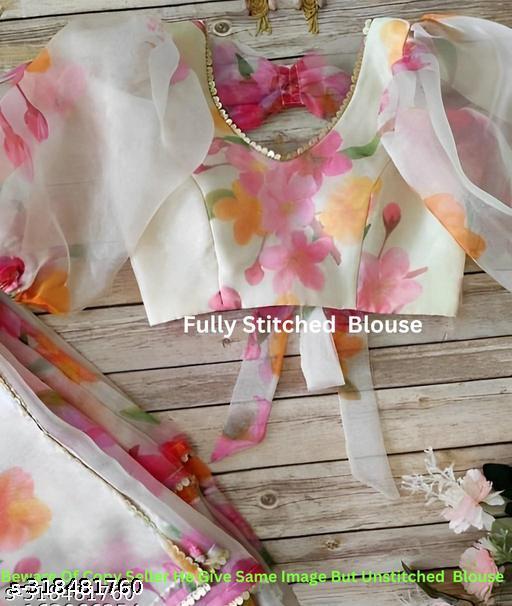 Bollywood White colour Floral Organza Saree With Fully Stiched Styles Blouse Upto 42 Size by KRADDLE