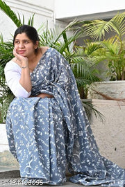 THE LIVING CRAFT Jaipuri Hand Block Printed Soft Cotton Mulmul Saree ,latest cotton mulmul saree,Sanganeri Cotton Malmal Saree, Bagru Cotton Saree, Batic / Batik Print Cotton saree In Super Fine 92*80 Fabric Quality With Attached Blouse Piece for Woman