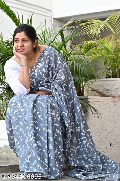 THE LIVING CRAFT Jaipuri Hand Block Printed Soft Cotton Mulmul Saree ,latest cotton mulmul saree,Sanganeri Cotton Malmal Saree, Bagru Cotton Saree, Batic / Batik Print Cotton saree In Super Fine 92*80 Fabric Quality With Attached Blouse Piece for Woman