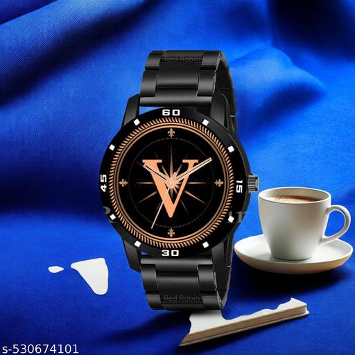 Femeo   Analog 9293  Watches Round Black Dial V Design Stylish Black PUU Strap Classic Design Fancy Wrist Watch for Men and Boys, Pack of 1 - A07ZALPHA-V-AVO-BLK-CDBLK