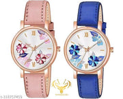 SHREE GORGEOUS FLOWER DESING LATHER ANALOG WATCH FOR GIRLS AND WOMEN COMBO (PACK OF 2)