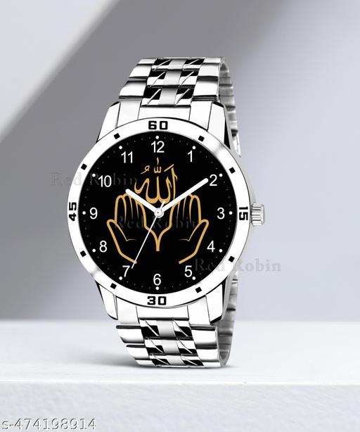 Krolexe Analog Allha Ki Dua Isalmic Design Round Dial Latest Fashion Attractive Stainless Steel Silver Strap Stylish Wrist Watch for Muslim Men and Boys, Pack of 1 - IW004-NUM-AVO-SIL-STL