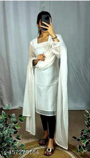 "Graceful Tradition 1000 Butti Handloom Women's Kurti for a Regal Look with Intricate Embroidery and Elegant look"(WHITE)
