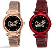 Analogue Studded Stylish Queen Black Dial Magnet Watch with Gift Bracelet for Women or Girls and Watch for Girl or Women (Combo of 2)